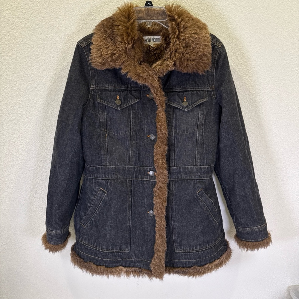 MARVIN RICHARDS WOMENS VINTAGE Dark DENIM & FAUX FUR Long Hip COAT Size Medium